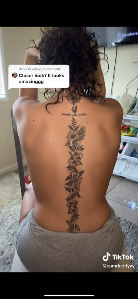 Flowers Going Down Spine Tattoo, Spine Tattoo Cover Up Ideas For Women, December Flower Spine Tattoo, Spine Tattoos For Women Chinese Symbols With Flowers, Rose Back Tattoos For Women, Flower Word Spine Tattoos For Women, Peonies Spine Tattoo, Spine Tattoo Coverup, Hawaiian Back Tattoos For Women