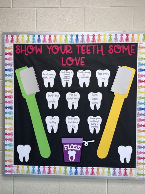 Dental Hygiene Bulletin Board Ideas, Dental Office Bulletin Board Ideas, Dental Health Bulletin Board Ideas, Elementary Health Bulletin Boards, Health Room Bulletin Boards, Winter School Nurse Bulletin Board, Health Bulletin Boards Elementary, Elementary Nurse Office Decor, School Nurse Bulletin Board Ideas Health