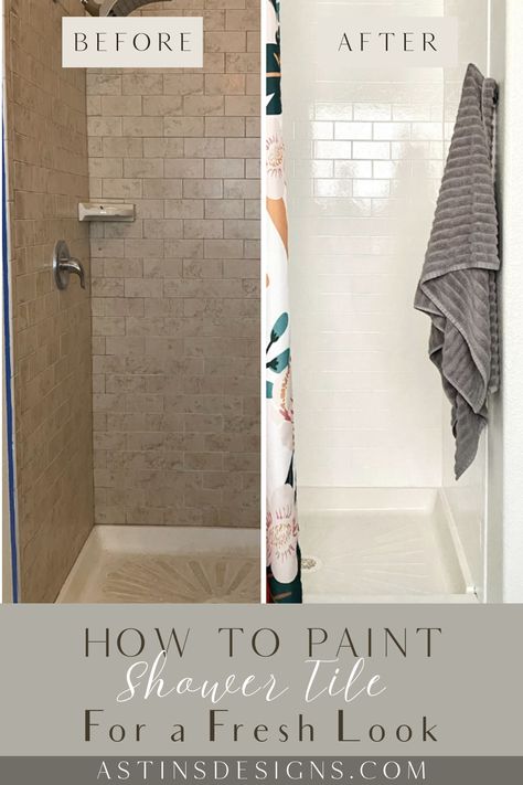 Looking for creative bathroom tile paint ideas? Learn how to paint your tub and shower tile with this simple guide! Whether you're going for a classic white finish or bold pops of color, this tutorial has everything you need to know about tub and tile paint. Discover why painting your bathroom tile is a smart, cost-effective solution for a stylish update. Click now to start your bathroom transformation today! Painting Tile On Bathroom Wall, Painted Tile Shower Wall, Painted Shower Tile Ideas, Bathroom Paint Remodel, Painted Tile Wall Bathroom, Painting Tile Walls In Bathroom, Diy Bathroom Tile Makeover, How To Paint Shower Tile, How To Paint Bathroom Tile