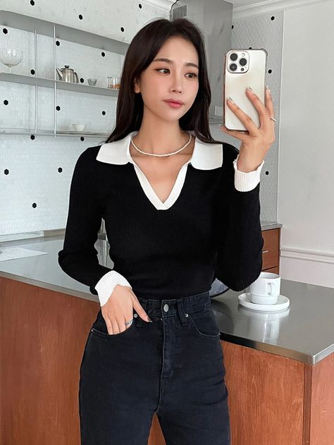 DAZY Solid Ribbed Knit Sweater | SHEIN USA Business Formal Dress, Formal Dresses Gowns, Long Sleeve Tops Casual, Knitting Women Sweater, Ribbed Knit Sweater, Professional Outfits, Knitted Tshirt, Business Casual Outfits, Knit Jumper