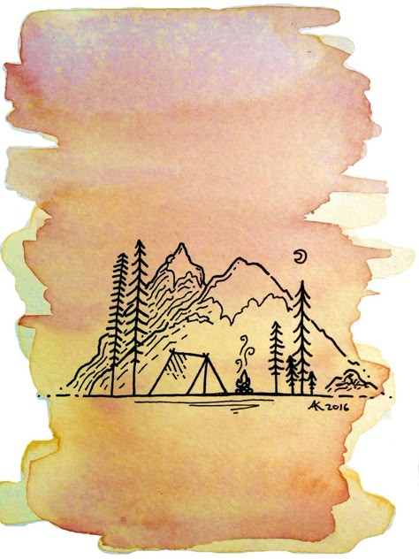 Easy Postcard Drawing, Easy Waterpaintings Ideas, Postcard Drawing Ideas, Camping Painting Easy, Postcards Drawing, Camping Sketch, Camping Watercolor, Postcard Drawing, Camping Illustration