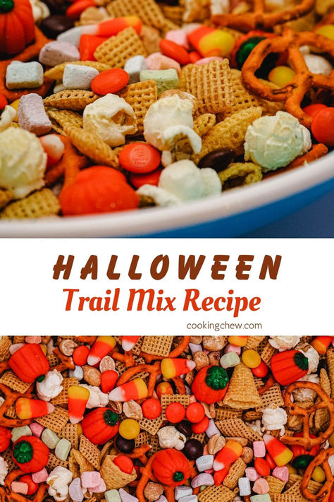 Quick and easy Halloween trail mix recipe perfect for parties Halloween Trail Mix Bar, Monster Trail Mix Recipes, Harvest Trail Mix Recipe, Halloween Trail Mix Recipe For Kids, Halloween Trail Mix Recipe, Halloween Chex Mix Recipes, Monster Trail Mix, Halloween Trail Mix, Party Mix Snacks