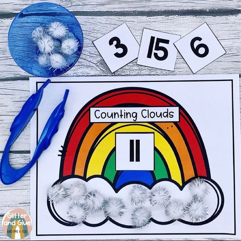 Angie - Preschool & Pre-K on Instagram: “🌈 Counting Clouds ☁️ Pair this printable with some white pom-poms and you’ve got an easy, fun, hands-on math center. 🌈Have students grab…” Prek Teacher, Prek Math, Pre K Activities, Sensory Table, Weather Activities, Pre Kindergarten, Preschool At Home, Fine Motor Activities, Preschool Math