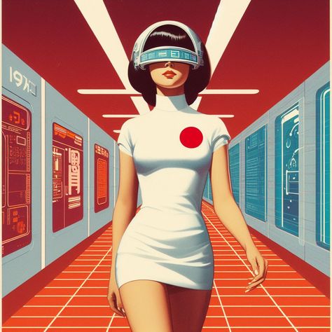 Created in DALL-E 3. #retrofuturism #sci-fi #prompt engineering #ai #Japan #Japanese See more here: https://www.youtube.com/watch?v=fS5AZRUa9NA Japanese Futurism Fashion, 50s Cyberpunk, Retro Futurism Advertising, Space Future Aesthetic, Retro Futuristic Pinup, Atompunk Aesthetic Outfit, Old Futurism, Sci Fi Pinup, Futuristic Retro Fashion