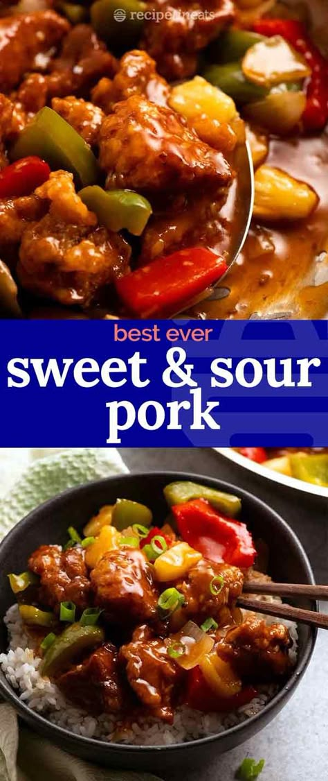 Sweet Sour Pork Recipe, Sweet And Sour Pork Recipe, Sweet N Sour Pork Recipe, Asian Appetizers, Homemade Chinese, Chinese Pork, Sweet Bell Peppers, Recipetin Eats, Asian Sauce