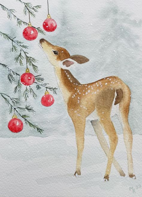 Watercolor Christmas Cards Diy, Painted Christmas Cards, Deer Painting, Christmas Artwork, Christmas Card Art, Diy Watercolor Painting, Watercolor Christmas Cards, Paint Cards, Diy Christmas Cards