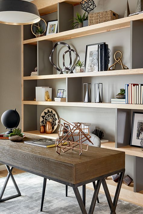 Home Office Shelf Ideas, Staged Home Office, Flex Space Office Ideas, Bookshelve Office, Home Office Bookcase Ideas, Home Office Flex Room, Flex Space, Home Office Book Shelves, Relaxing Office Space Ideas Work