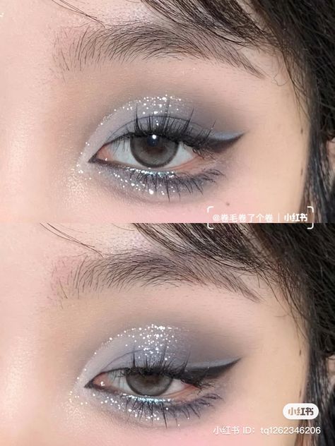 Silver Makeup Looks For Hooded Eyes, Prom Hair Asian, Silver Blue Eye Makeup, Navy Blue Douyin Makeup, Silver Makeup Looks For Prom Hooded Eyes, White And Grey Makeup, Blue Grey Makeup, Sparkly Blue Makeup, Korean Silver Makeup