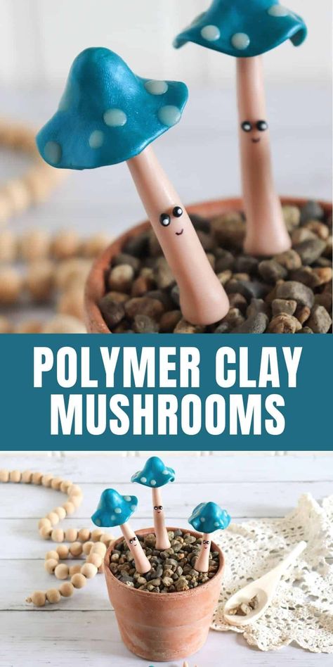 These DIY polymer clay mushrooms are fun to create and make the cutest little plant accessories that you have ever seen! Diy Clay Garden Decor, Ceramic Mushrooms Diy, Clay Plant Decorations, Things To Make With Polymer Clay Easy, Clay Step By Step Easy, Polymer Clay Mushrooms Diy, Diy Polymer Clay Mushroom, Sculpey Clay Ideas Projects, Polymer Clay Figures Tutorial