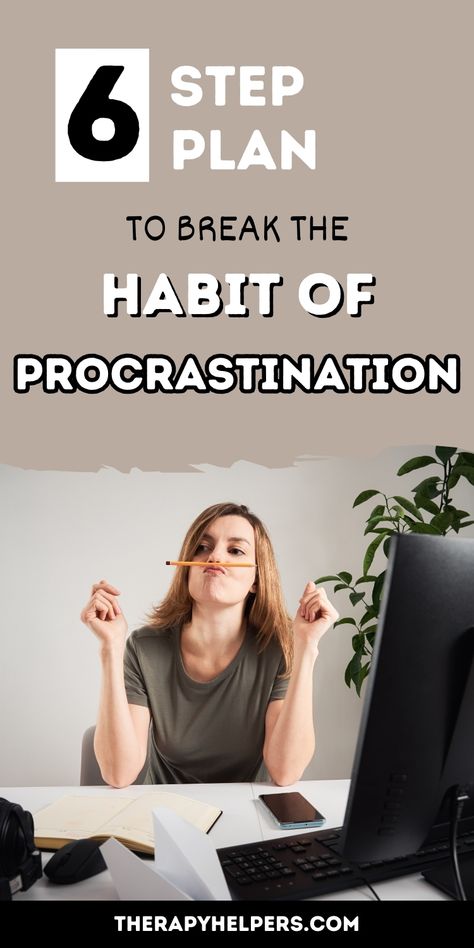 Image features the text "6-Step Plan to Break the Habit of Procrastination" in bold black and white letters. Below the text, a woman is seen playfully balancing a pencil between her nose and upper lip while sitting at a desk, symbolizing procrastination. The image conveys a lighthearted approach to overcoming procrastination and emphasizes strategies to boost productivity and focus. Overcome Procrastination, Take Control, Break Free, Stay Focused, Achieve Your Goals, Care Tips, Easy Steps, Easy Step, Self Improvement