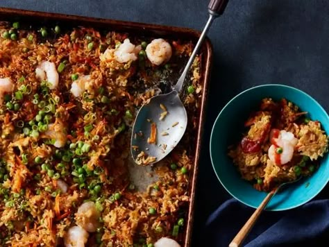 Sheet Pan Fried Rice Pan Fried Rice, Rice And Shrimp, Shrimp And Eggs, Making Fried Rice, Sheet Pan Suppers, Dump Dinners, Easy Rice Recipes, Pan Recipes, Fried Rice Recipe