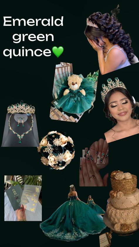 Emerald green quinceanera💚💚 Green And Gold Quince Dress, Emerald Green And Gold Quince, Green And Gold Quince, Gold Quince Dress, Emerald Green Quinceanera, Emerald Green Quinceanera Dresses, Green Quinceanera Theme, Quince Tops, Green Quinceanera