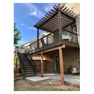 Colorado Deck and Landscape Double Deck Patio Ideas, Bedroom Deck Ideas Balconies, Outdoor Balcony Ideas Houses, Metal Railing Balcony, Outdoor Balcony Ideas Houses Terraces, Townhouse Deck Ideas, Modern Balcony Design Exterior, 2nd Floor Deck Ideas, 2 Level Deck Ideas