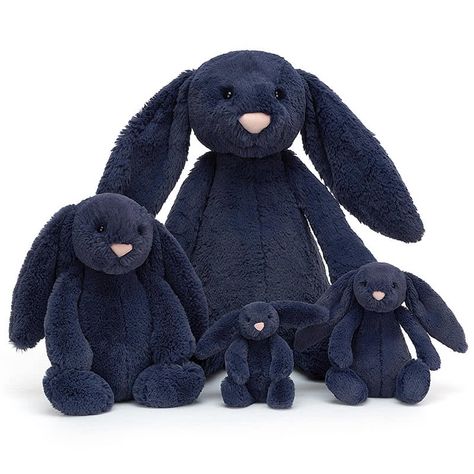 Introducing the 'Bashful Navy Bunny' by Jellycat the world famous soft toy company, available in four sizes. Coming with a super soft deep blue fur body, the classic Bashful Bunny long ears and delicate pink nose, the perfect gift for any bunny lover, no matter how old! Navy Blue Jellycat, Blue Jellycat, Golden Bunny, Bashful Bunny, Jellycat Toys, Jellycat Bashful, Bunny Soft Toy, Bunny Lovers, Blue Bunny