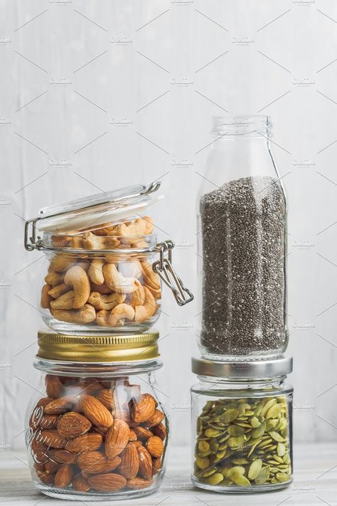 Various nuts and seeds in glass jars by Edalin's Store on @creativemarket Healthy Background, Healthy Nuts, Dry Fruit, Nuts And Seeds, Dry Fruits, Mixed Nuts, Dried Fruits, Foods To Eat, Fun Snacks