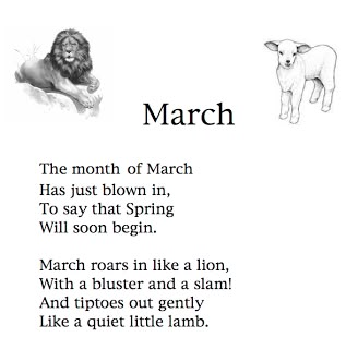 In the month of March we keep track of the outdoor temperature each day.  The children learn to read a thermometer, and to plot the daily te... March Poem, March Lesson Plans, Kindergarten Poems, March Preschool, March Lessons, March Quotes, March Ideas, Lion Lamb, March Themes