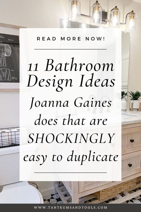 Black and white bathroom patterned floor tile with a light wood vanity, black and gold light fixture, with a toilet paper patent print hanging over the toilet. There is a black metal basket sitting on the back of the toilet. There is a large mirror hanging over the single sink vanity. The text reads " Joanna Gaines Bathroom Decor, Joanna Gaines Bathrooms, Modern Farmhouse Bathroom Joanna Gaines, Joanna Gaines Bathroom Ideas, Farmhouse Bathroom On A Budget, Scandinavian Bathroom Small, Modern Farmhouse Bathroom Design, Scandinavian Bathroom Design Ideas, Joanna Gaines Bathroom