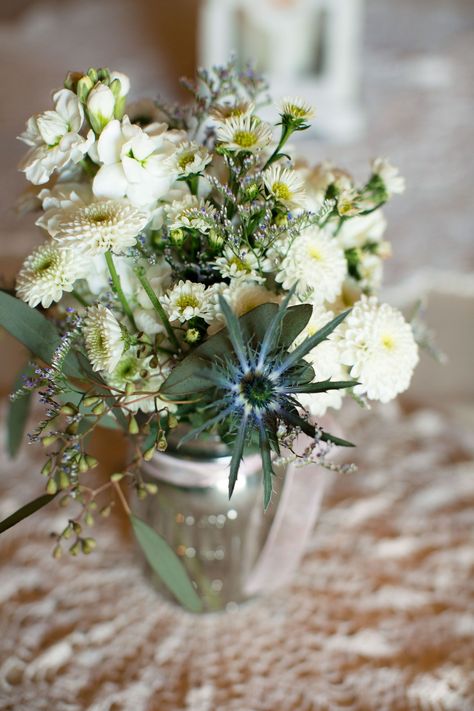 Blue Thistle Wedding, Vintage Summer Wedding, Mum Bouquet, White Wedding Flowers Centerpieces, Chrysanthemum Wedding, Summer Wedding Centerpieces, Thistle Wedding, Mums Wedding, White Mums