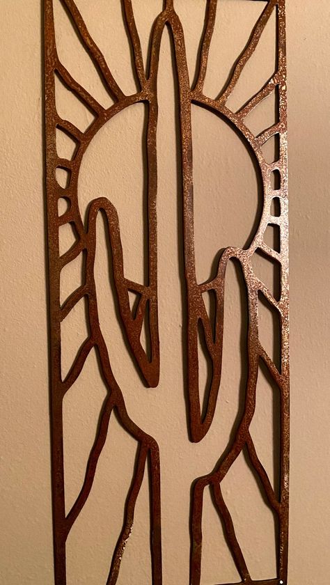 Metal Wall Art Cactus and Sun metal wall sculpture metal | Etsy Metal Outdoor Art, Metal Cutouts Designs, Adobe Bathroom, Western Metal Art, Metal Cactus Yard Art, Metal Rebar Cactus, Southwest Wall Decor, Outside Wall Decor, Metal Wall Art Arizona