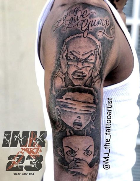 Boondocks Tattoo Designs, Boondocks Tattoo, Arm Tattoos For Guys Forearm, Rib Tattoos For Guys, Forearm Tattoo Quotes, Evil Tattoo, Half Sleeve Tattoos For Guys, Rib Tattoo, Forearm Tattoo Men