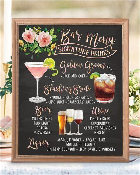 Fun and Creative Wedding Bar Ideas Chalkboard Bar, Signature Wedding Drinks Sign, Wedding Bar Menu Sign, Bar Menu Sign, Signature Cocktails Wedding, Jack And Coke, Signature Cocktail Sign, How To Dress For A Wedding, Wedding Signature Drinks