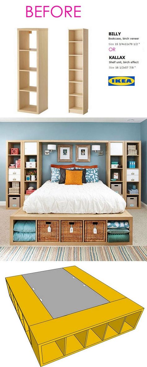 20+ Smart and Gorgeous IKEA Hacks: save time and money with functional designs and beautiful transformations. Great ideas for every room such as IKEA hack bed, desk, dressers, kitchen islands, and more! - A Piece of Rainbow #ikea #ikeahack #bedroom #bed #diy #furniture #woodworkingprojects #woodworkingplans #apieceofrainbow #diy #homedecor #hacks #bedroomideas #farmhouse #farmhousedecor #organizing #organization #organize #storage #declutter Ikea Hack Ideas, Diy Furniture Bedroom, Diy Ikea Hacks, Bed With Storage, Ikea Storage, Trendy Bedroom, Bed Desk, Furniture Hacks, Ikea Diy