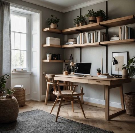 Create a serene and productive workspace with Scandinavian Home Office Decor Ideas. Scandinavian Study Room, Small Office Bedroom, House Flipper Ideas, Scandinavian Office Design, Scandinavian Office Interior, Artsy Office, Scandi Office, Scandinavian Workspace, Scandinavian Home Office