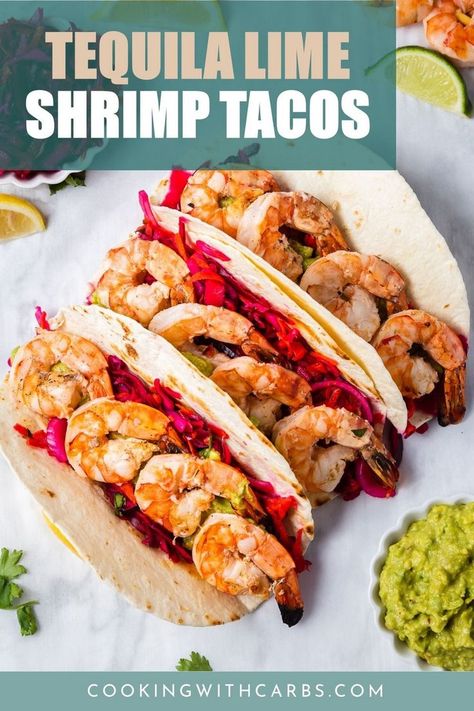 Check out this recipe for 3 tips on making Tequila Lime Shrimp Tacos. This delicious shrimp tacos recipe is quick and easy. Once marinated in the tequila lime shrimp marinade this lunch or dinner can be prepared in under 15 minutes. The tequila lime shrimp is juicy and flavourful. The pickled coleslaw adds a beautiful tart crunch, while the cilantro lime avocado sauce adds creaminess and yet another layer of flavour to this delicious meal. Pickled Coleslaw, Cilantro Avocado Sauce, Lime Shrimp Tacos, Tequila Lime Shrimp, Shrimp Tacos Recipe, Taco Tuesday Recipes, Shrimp Marinade, Shrimp Taco Recipes, Cauliflower Tacos