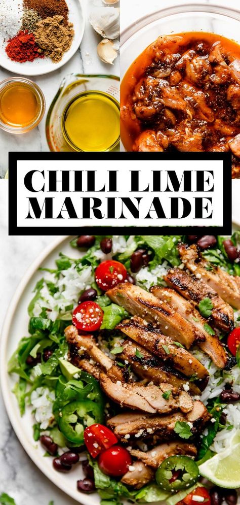 This Chili Lime Marinade adds bright, zesty, & spiced flavor to everything it touches. Made with just 8 pantry ingredients in 10 minutes or less, this Mexican-inspired marinade pairs beautifully with everything from epic steak fajitas to grilled chicken, pork, seafood, veggies, & even fruit! #marinade #chililime #chililimechicken #chililimesalmon #chilelime #marinadeforchicken #grilledchickenmarinade Mexican Chicken Marinade, Chili Lime Marinade, Chili Lime Salmon, Lime Marinade, Zesty Chicken, Chili Lime Chicken, Grilled Chicken Marinade, Pan Chicken Fajitas, Pantry Ingredients