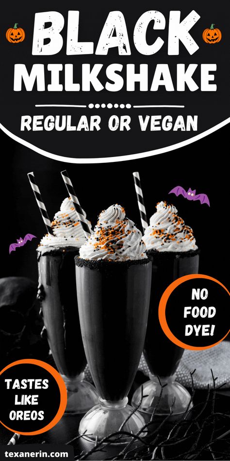 Make your Halloween extra eerie with a black milkshake! This spooky Halloween food is made with rich black cocoa powder, creating a striking and delicious black dessert. Perfect for anyone looking to whip up unique Halloween milkshakes that stand out at any festive gathering. Black Halloween Snacks, Black Halloween Desserts, Halloween Milkshakes For Kids, Cool Milkshakes, Hocus Pocus Milkshake, Fun Halloween Drinks For Kids, Spooky Milkshake, Spooky Drinks Nonalcoholic, Halloween Milkshakes