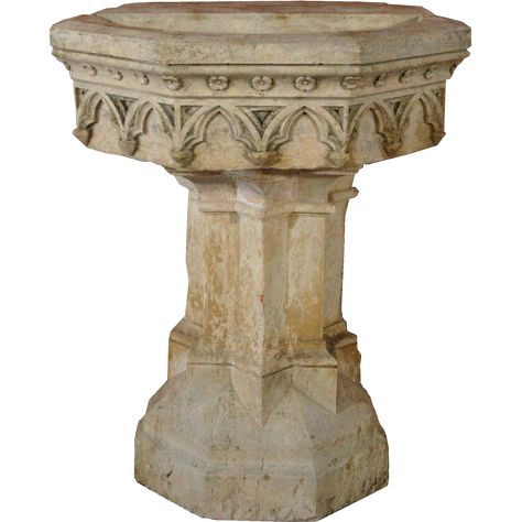 Hand carved in Gothic Revival style, this exceptional antique, demi-lune basin features beautifully carved Gothic arches on the five-sided apron and Antique Stone Sink, Carved Sink, Gothic Arches, French Gothic, Stone Fountains, Hand Carved Stone, Gothic Revival, Pedestal Basin, Antique Stone