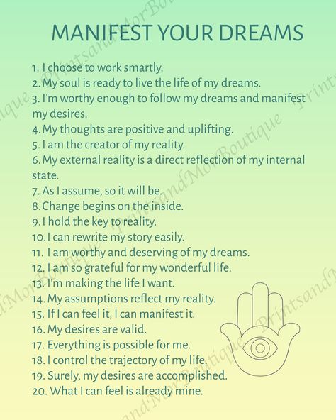 Manifest your Dreams - Instant Digital Download (No Physical Product Shipped) JPG Downloadable File - Print At Home - FRAME NOT INCLUDED **Manifest your dreams with this affirmation list** How To Manifest What You Want, Manifestation Board Ideas, Manifestation For Love, Manifestation Journal Inspiration, Rich Manifestation, Powerful Manifestation Affirmations, Affirmation List, Money Song, Manifestation Ideas