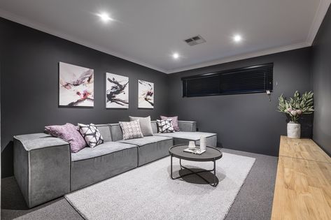 We chose Taubmans Knight Grey for a dark Home Theatre paint and 750 Ashen carpet. Gray Media Room, Grey Movie Room, Dark Theatre Room, Dark Grey Basement, Media Room Carpet, Theatre Room Paint Colors, Theater Room Paint Colors Wall, Dark Grey Movie Room, Dark Grey Carpet Lounge