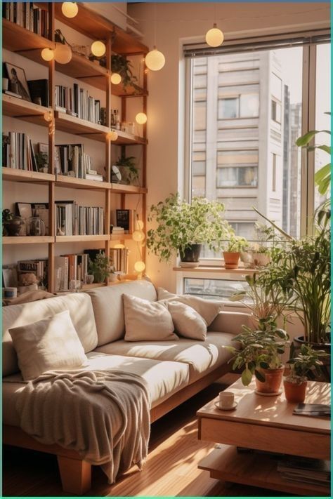 Living On My Own Aesthetic, Tall Ceiling Apartment, Cozy Minimal Apartment, Cozy Apartment Inspiration, Natural Apartment Aesthetic, Warm Apartment Aesthetic Living Room, Cozy Apartment Aesthetic Living Room, Studio Aesthetic Apartment, Cozy Warm Apartment