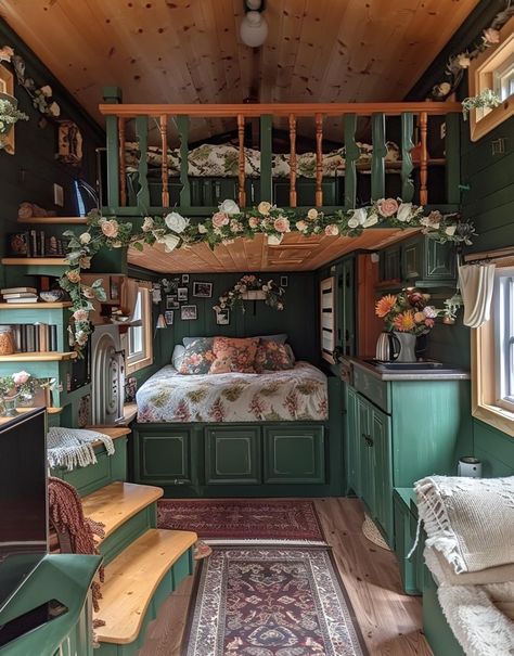 Cottagecore Trailer Home, Cottage Core Tiny House Interior, Cottagecore Tiny House Interior, Cozy Cottagecore Aesthetic, Cottage Core Tiny House, Static Caravan Interior Ideas, Skoolie Ideas, Narrowboat Interiors, Bus House