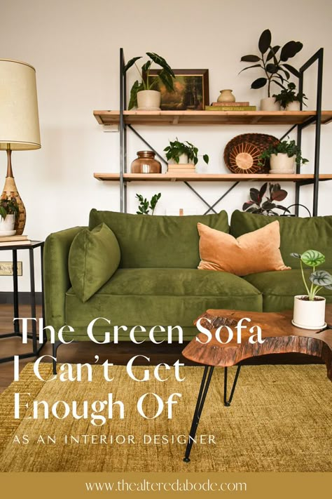 The green velvet sofa I can't get enough of. I styled this green sofa with plants, baskets, and vintage art to create a warm and earthy plant filled living room. Sofa With Plants, Mid Century Sofa Living Room, Plant Filled Living Room, Living Room With Green Sofa, Bookshelf With Plants, Green Couch Decor, Styled Bookshelf, Velvet Green Couch, Green Velvet Sofa Living Room