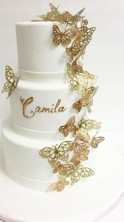 Butterfly Wedding Cake Ideas, White Cake With Gold Butterflies, 15 Cakes Ideas Birthdays, Quinceanera Cake Butterfly, Rose Gold Butterfly Quinceanera Theme, Gold Quince Cake, Rose Gold Quinceanera Cake, Gold Butterfly Cake, Pink Gold Wedding Cake