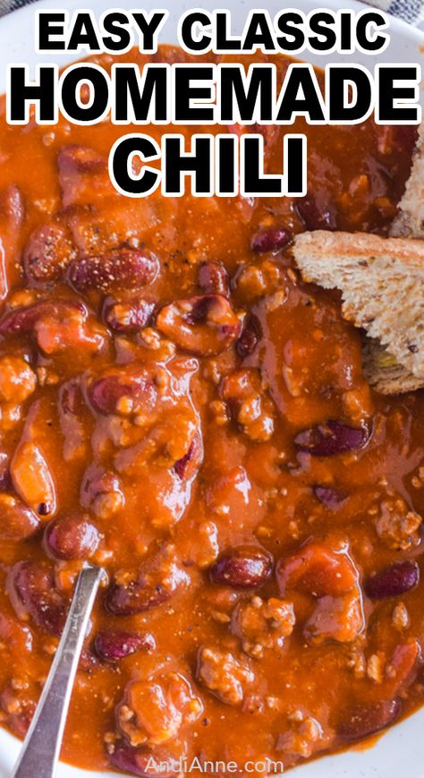 This homemade chili recipe is quick, easy, and cheap to make. Perfect for chilly days when you’re craving a comforting bowl of soup or stew. Best Simple Chili Recipe, Chili Recipe Thick, Chili Johns Recipe, Chili Soup Recipe Easy, Quick Chili Recipe Stovetop, Chili With Beans And Ground Beef, Homemade Chili Recipe Crockpot, Chili Beans Recipe Easy, Simple Chilli Recipe