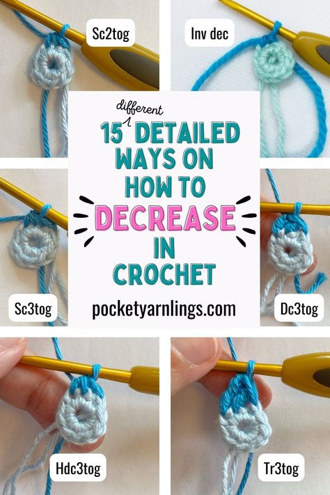 Basic crochet techniques like decreasing crochet stitches helps with shaping crochet and amigurumi. There are different ways to decrease crochet stitches like single crochet decrease, double crochet decrease, treble crochet decrease and they result in narrowing of crochet projects or amigurumi. Here are 15 ways to do it which you might not have thought of! Decrease Double Crochet, Decrease In Crochet, Decrease Crochet, Invisible Decrease, Half Double Crochet Decrease, Treble Crochet, Double Crochet Decrease, Single Crochet Decrease, Crochet Stitches Guide