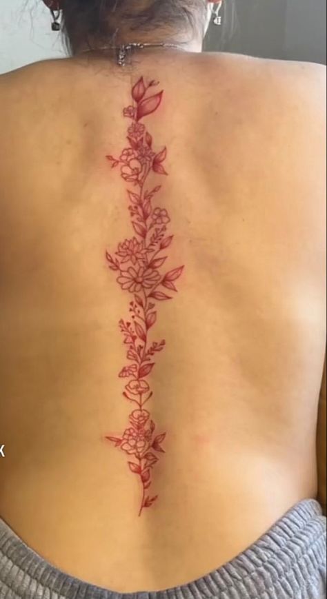 Red Spinal Tattoo Women, Red Flower Spine Tattoo, Red Lower Back Tattoo, Red Back Tattoo Women, Baddie Spine Tats, Red Back Tattoos Spine, Puerto Rican Flower Tattoo, Red Spine Tattoos For Women, Red Spine Tattoos