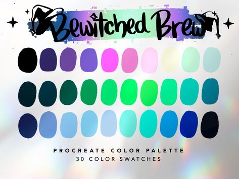 Bewitched Brew Color Palette For Procreate This color palette contains 30 color swatches to use in Procreate App. These colors were handpicked and were inspired by cute potion Halloween colors. ⭐️ || YOU WILL RECEIVE || ⭐️ 1 x Procreate Palette Instructions 1 x JPG file with all swatches 1 x Bewitched Brew Color Palette for Procreate || .swatches file ⭐️ || HOW TO USE || ⭐️ 1. You will receive an email after you complete checkout with a link to download the files. 2. You can also log into your E Interesting Color Palettes, Coquette Color Palette, Magical Color Palette, Free Procreate Color Palettes, Procreate Pallets, Gradient Palette, Procreate Colour Palette, Aesthetic Color Palette, Procreate Swatches