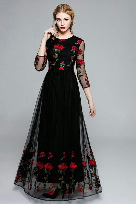 Black dress Embroidery Flower Dress, Gorgeous Black Dress, Floral Prom Dresses, Quality Dresses, Frock Design, Fashion Attire, Designer Dresses Indian, Cheap Dresses, Looks Vintage