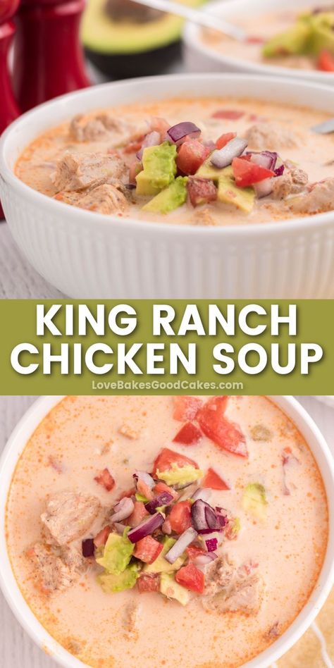 King Ranch Chicken Soup pin collage King Ranch Chicken Soup, Ranch Soup, Ranch Chicken Soup, Healthy Delicious Soups, Chicken Soup Recipes Homemade, King Ranch Chicken, Flexitarian Recipes, Instant Pot Soup Recipes, Best Soup Recipes