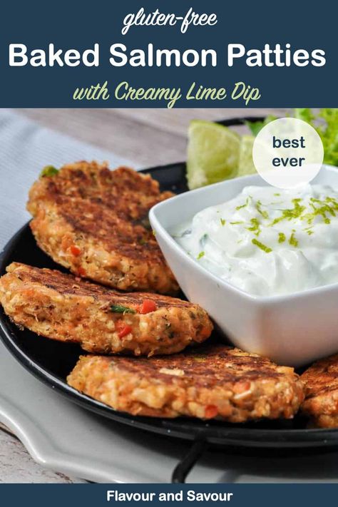 Best ever Gluten-free Baked Salmon Patties recipe! Easy to make ahead and freeze. Serve with yogurt-based Creamy Lime Sauce. Bake or fry! #mealprep #salmonpatties #glutenfree Salmon Patties Recipe Easy, Crispy Baked Salmon, Sauce For Salmon Patties, Prawn Cakes, Baked Salmon Patties, Lime Dip, Salmon Cakes Recipe, Shrimp Cakes, Sauce For Salmon