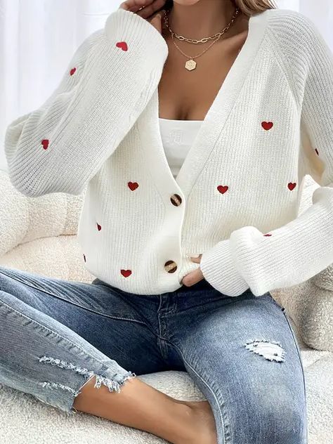 Coachella Dress, Cardigan Casual, Long Sleeve Knitted Cardigan, Heart Sweater, Button Front Cardigan, White Cardigan, V Neck Cardigan, Knit Sweater Cardigan, Long Sleeve Cardigan