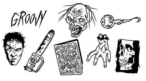 Evil Dead tattoo designs Loki Tattoo Design, Small Horror Movie Tattoo Ideas, Dead Tattoo, Zombie Tattoo Design, Horror Tattoo Flash, Evil Dead Tattoo, Creepy Flash Tattoo, Horror Tattoo Stencil, Horror Flash Tattoo