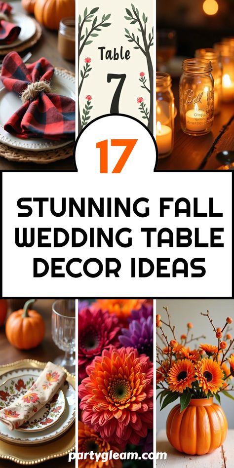 Transform your autumn celebration with these 17 amazing fall wedding table decor ideas! From rustic centerpieces using pumpkin vases and nourish tables with rich jewel-toned floral arrangements to cozy plaid napkins and ribbons, you've got plenty of choices to create that inviting, warmth-filled atmosphere for your guests. Don’t miss the metallic gold charger plates and charming woodland-themed table numbers to elevate your setting. This season is the perfect time to shine with personal touches that amaze. Fetch inspirations that say 'fall wedding' loudly! Pumpkin Decorations For Wedding, Fall Wedding Reception Table Decorations, Fall Pumpkin Centerpieces Wedding Table Decorations, Pumpkin Wedding Centerpieces Fall Decor, Fall In Love Centerpieces, October Wedding Centerpieces, Fall Wedding Reception Tables, Autum Center Piece Table, Pumpkin Centerpieces Wedding