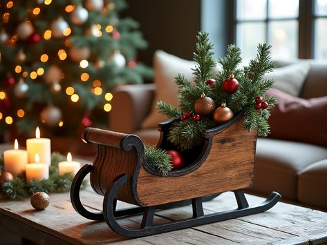 A wooden sleigh figurine filled with greenery and ornaments, styled on a coffee table with candles, against a cozy holiday backdrop featuring a lit Christmas tree. Sleigh Decorating Ideas Christmas, Cozy Holiday Decor, Wooden Sleigh, 2025 Christmas, Rustic Centerpiece, Burlap Stockings, Christmas Sled, Rustic Holiday Decor, Rustic Centerpieces