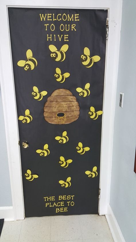 Bee door, by Adriene. Bumble Bee Classroom Door, Bee Hive Door Decoration, Bumblebee Classroom Theme, Busy Bee Classroom Theme, Bee Door Decorations Classroom, Bee Door Decoration, Daycare Door Ideas, Bee Classroom Decor, Welcome To Our Hive