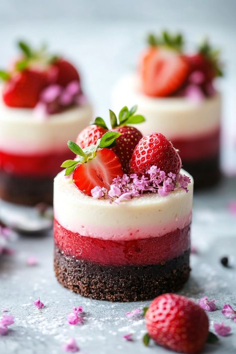 Strawberry and cream mini cakes topped with fresh strawberries and pink flowers. Strawberry Dessert Ideas, Fancy Strawberries, Fancy Dessert Recipes, Quick And Easy Treats, Strawberry Yogurt Parfait, Strawberry Pavlova, Strawberry Rhubarb Crumble, Easy Strawberry Desserts, Strawberry Love